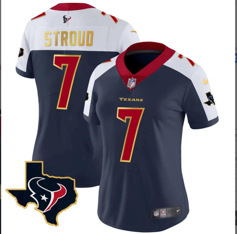 Women Houston Texans #7 Stroud Gold Trim Vapor 2024 NFL Nikeblue  jerseys->women nfl jersey->Women Jersey